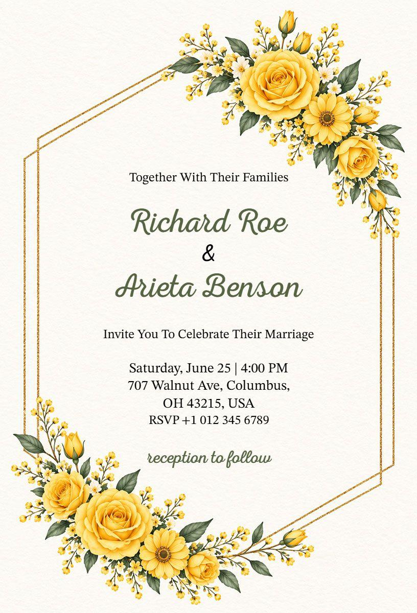 Floral Yellow Rose Wedding Invitation Template