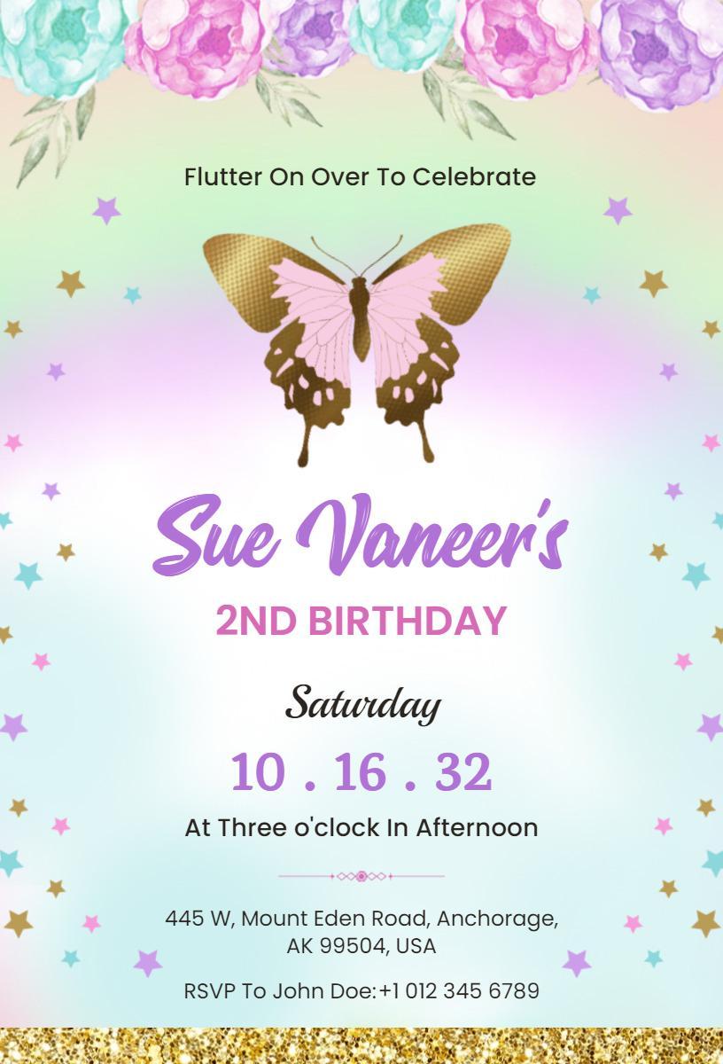 Fluttering Butterfly 2nd Birthday Celebration Invitation Template