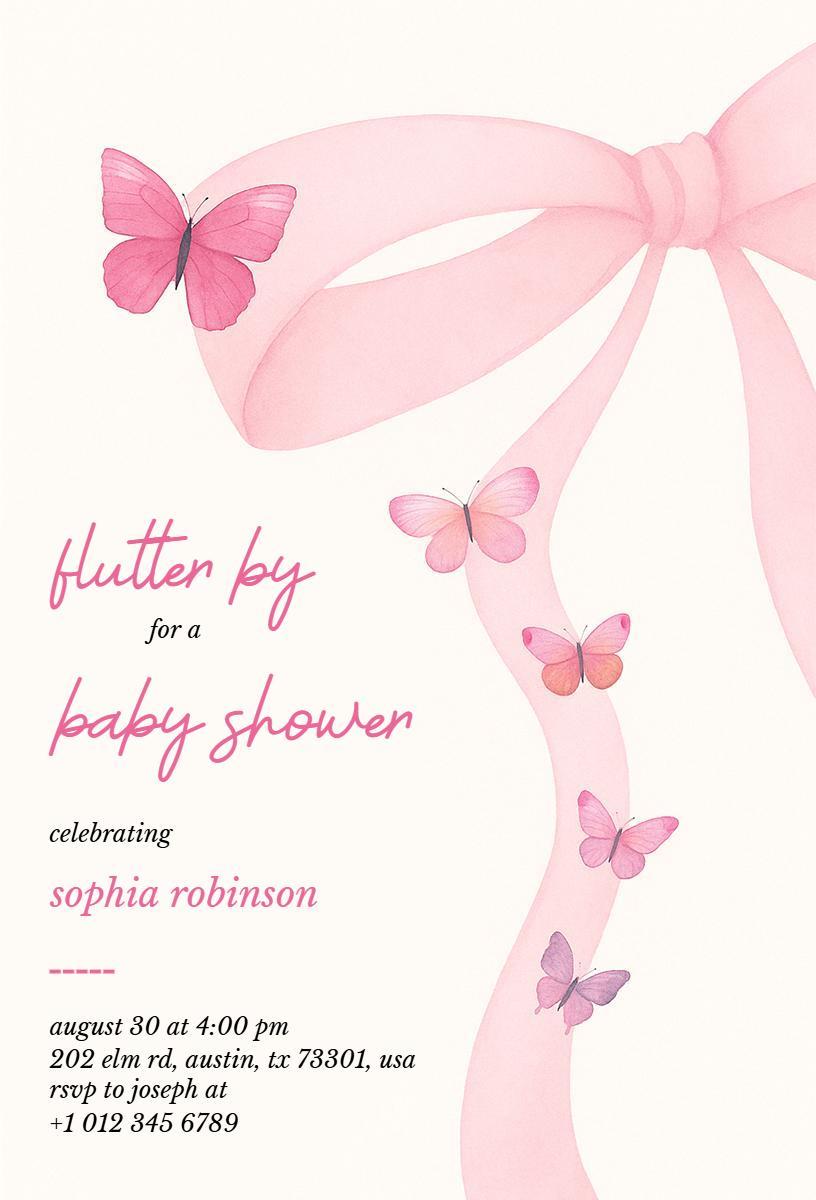 Fluttering Butterfly Pink Bows Baby Shower Invitation Template