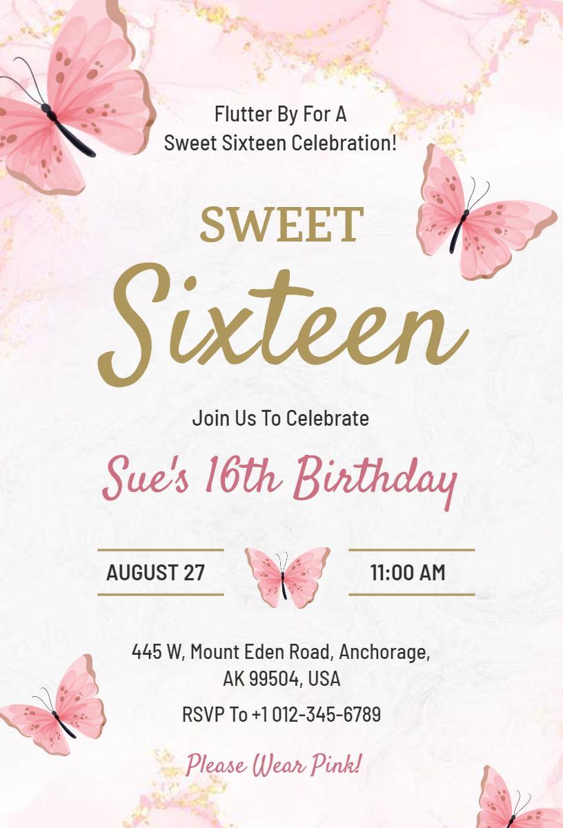 Fluttering Butterfly Sweet 16 Birthday Celebration Invitation Template