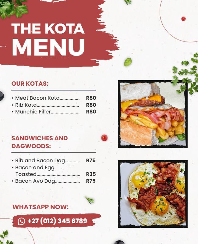 Food Menu Featuring Kota and Sandwich Options Flyer Template