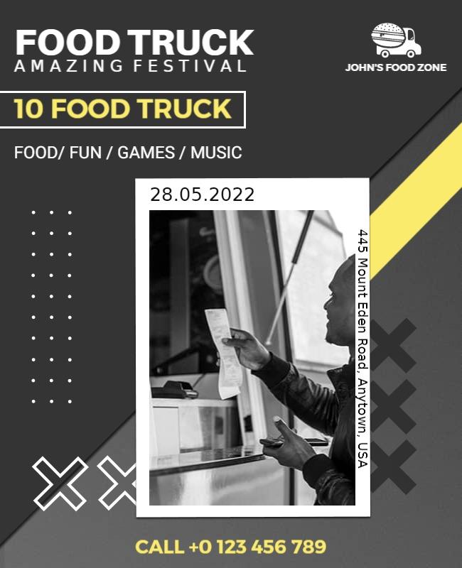 Modern Gray Food Truck Festival with Fun and Games Flyer Template