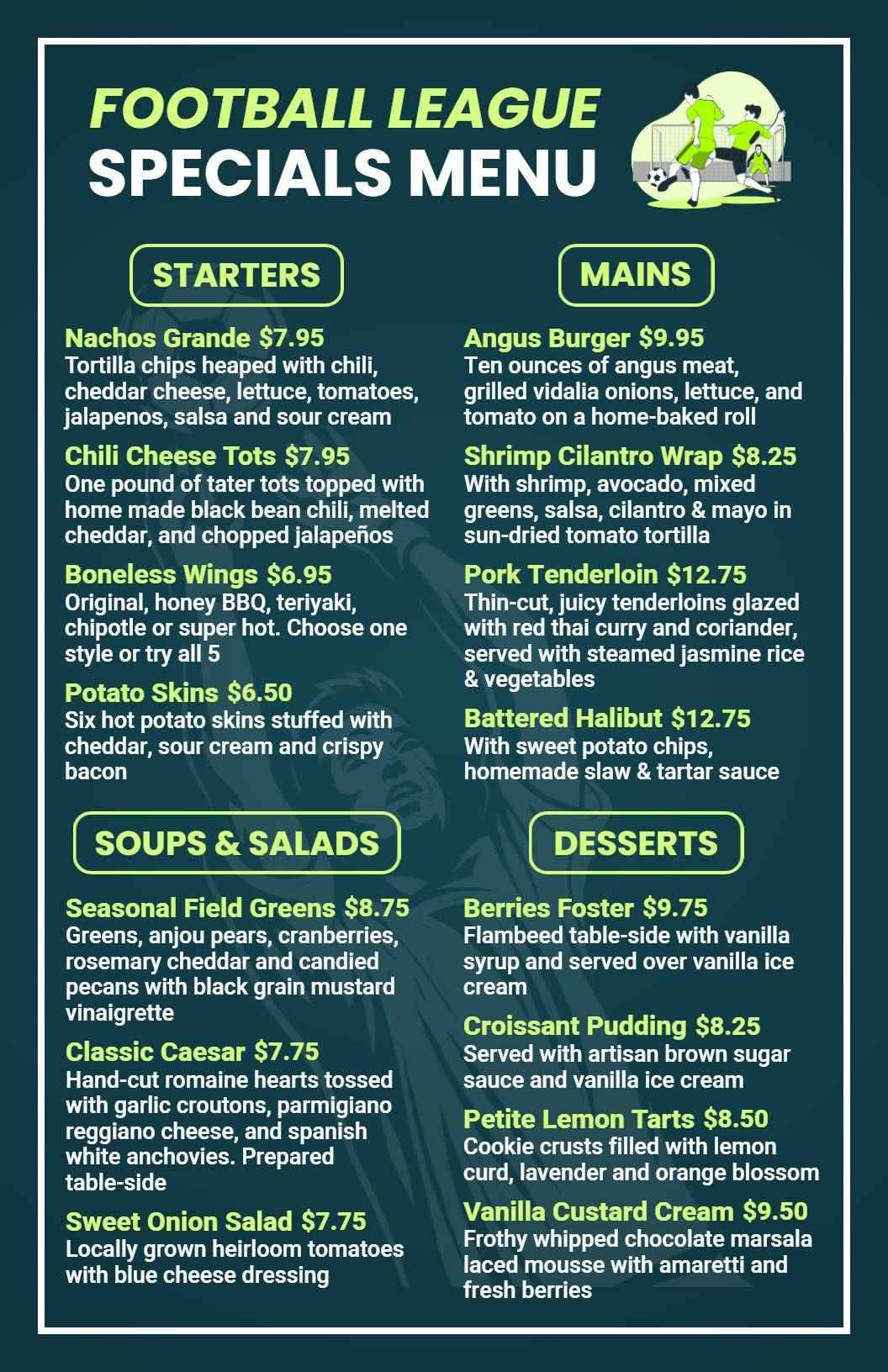 Football League Game Night Dining Menu Template