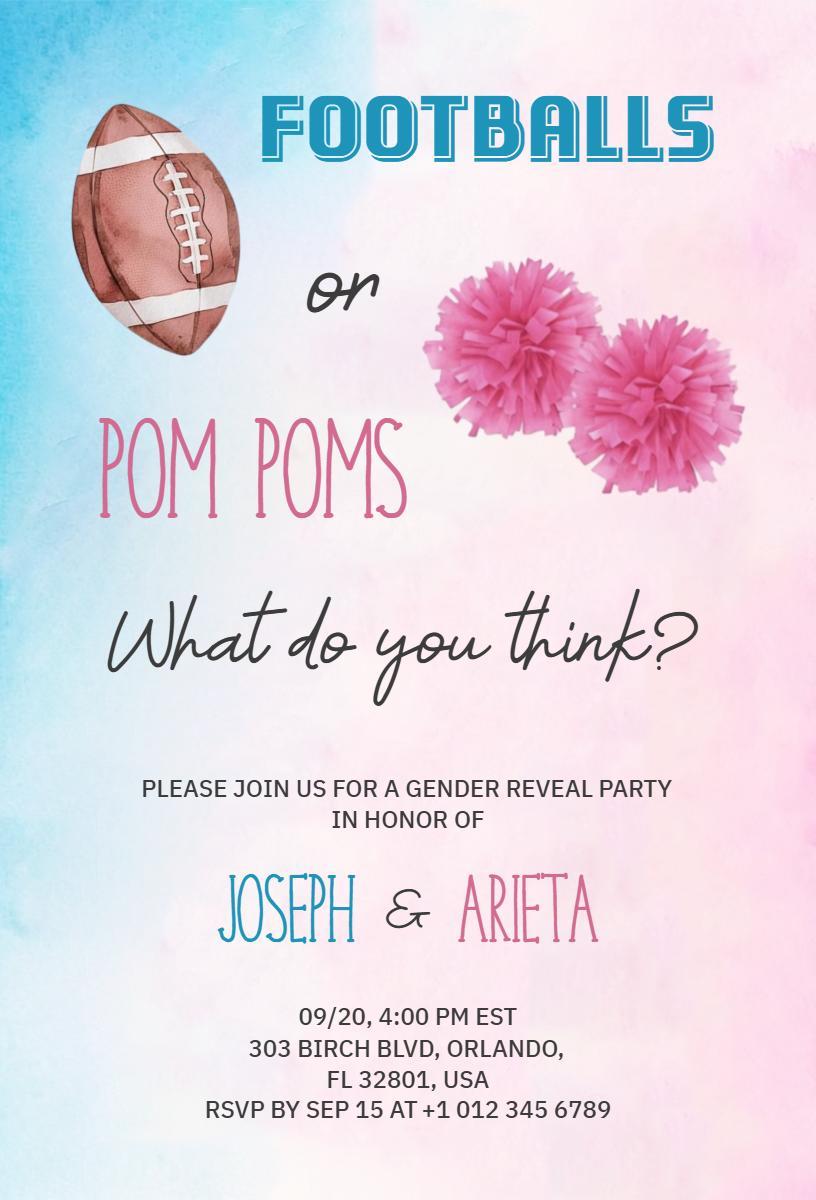Football Pom Poms Playful Gender Reveal Party Invitation Template