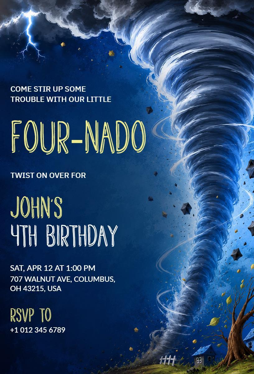 Four-nado Themed Fun 4th Birthday Celebration Invitation Template