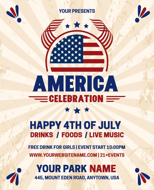 Patriotic Red and Blue America 4th of July Celebration Flyer Template