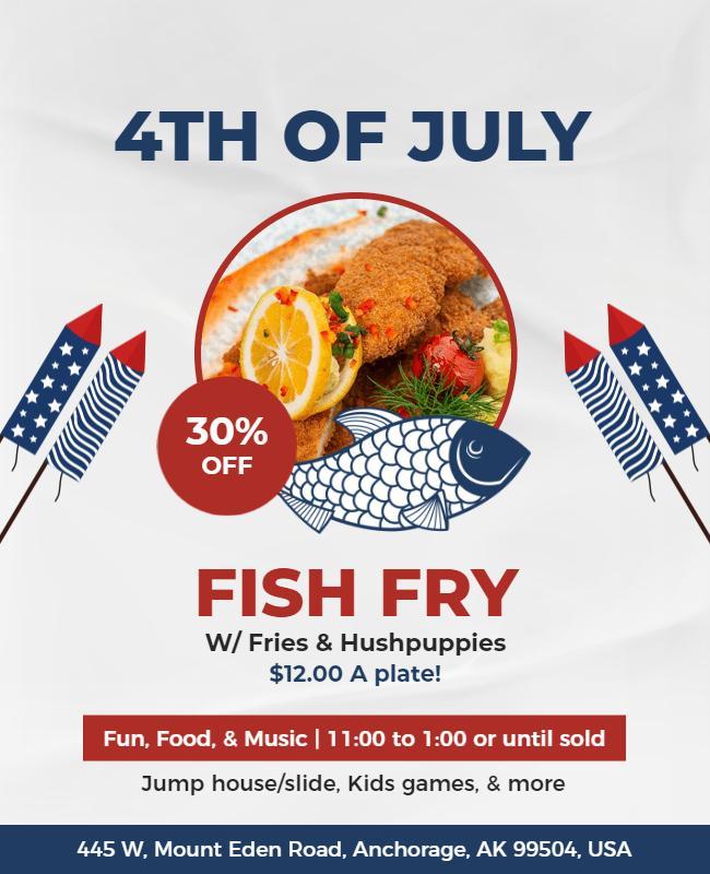 Festive Red 4th of July Fish Fry Celebration Flyer Template