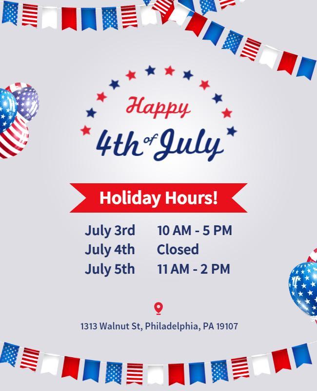 Fourth Of July Holiday Hours Announcement Flyer Template