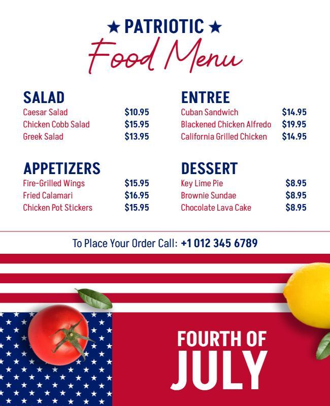 Fourth of July Patriotic Menu Flyers Template