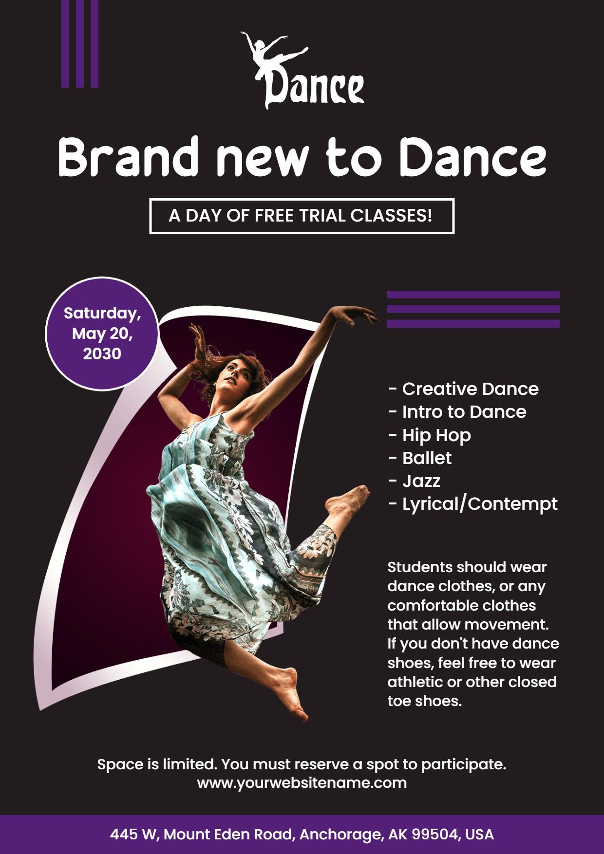 Free Dance Trial Classes Promotional A4 Flyer Template