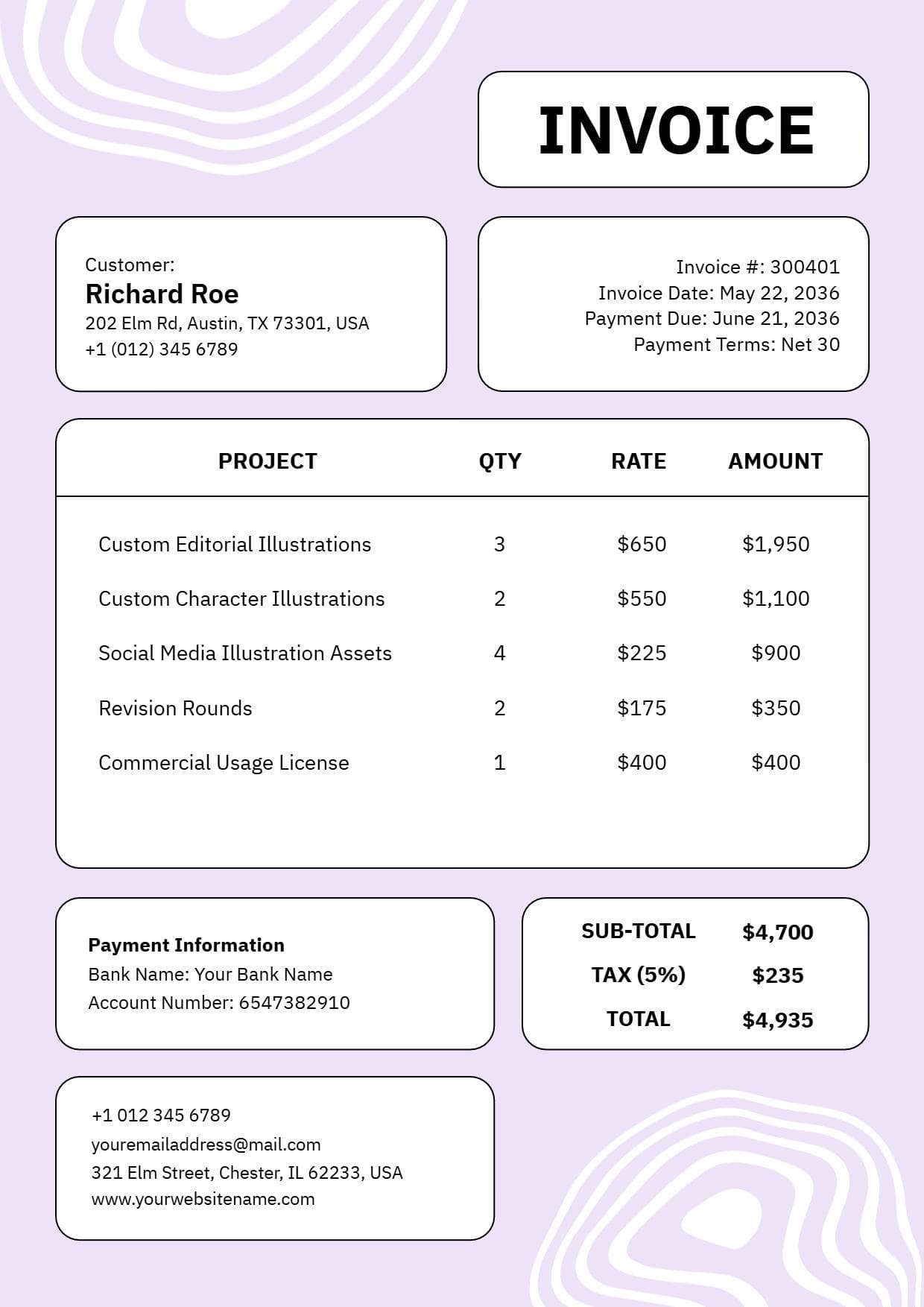 Freelance Custom Illustration Services Billing Invoice Template