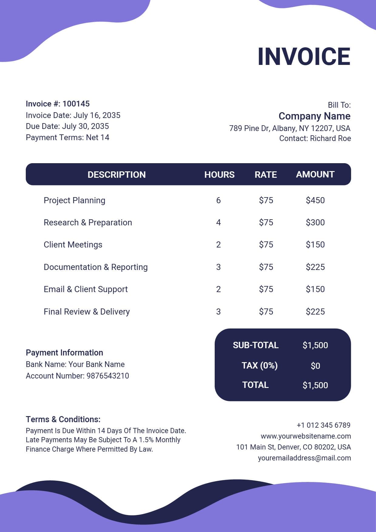 Freelance Project Hours and Billing Invoice Template