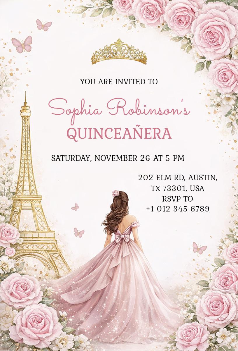 French Eiffel Tower Elegant Quinceanera Invitation Template