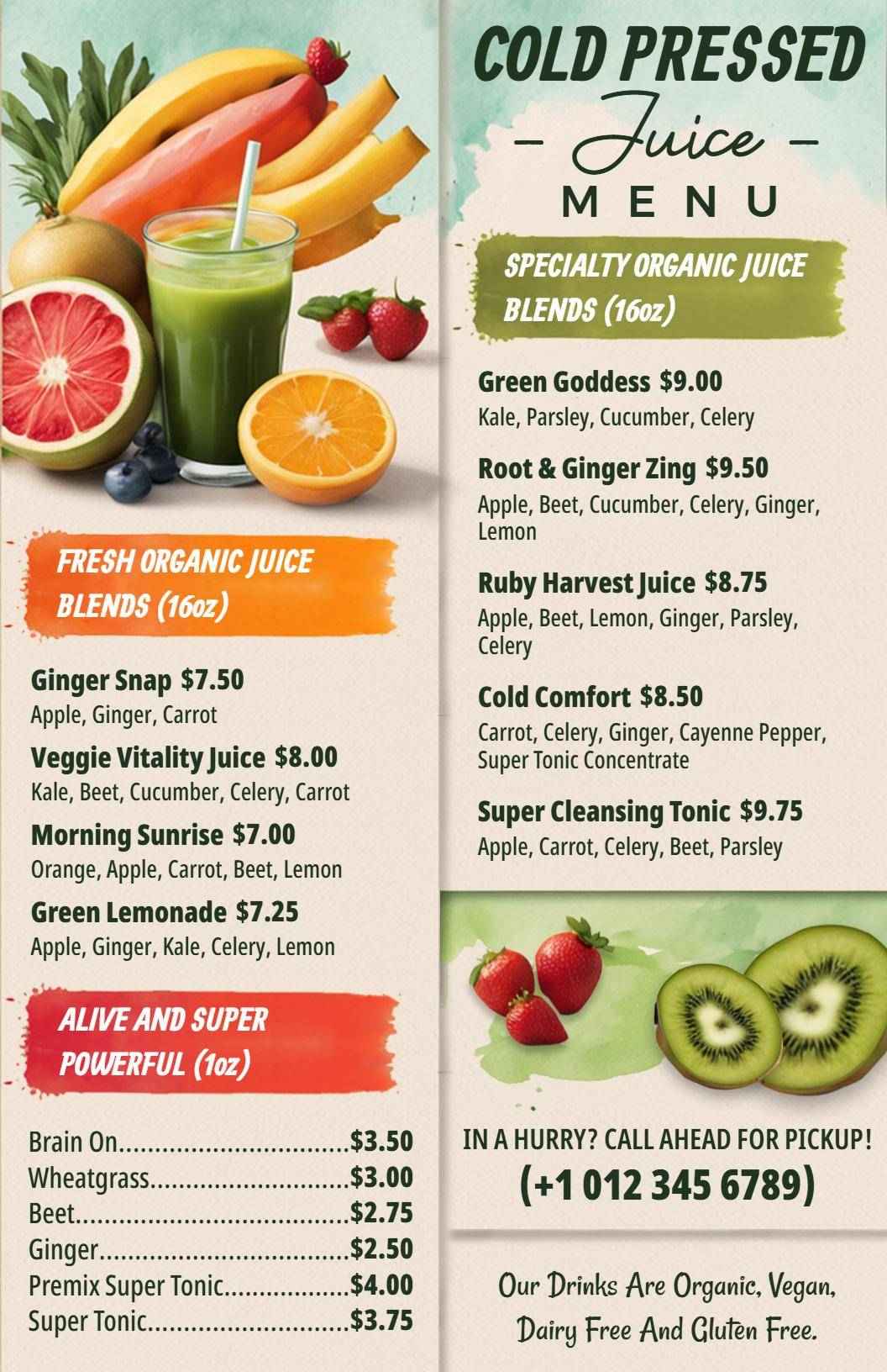 Fresh and Vibrant Organic Juice Blends for Health Juice Menu Template