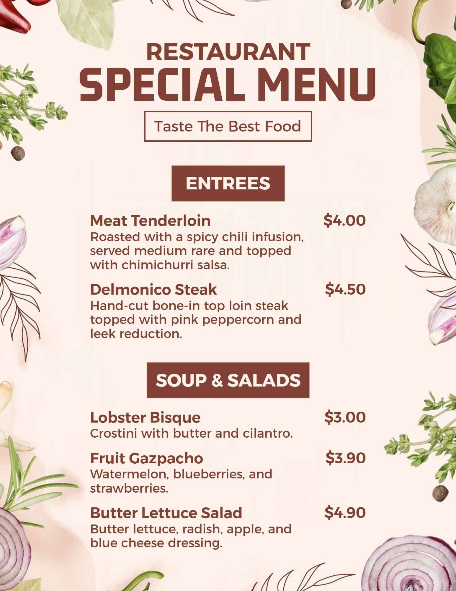 Fresh Botanical-Inspired Restaurant Special Menu Template