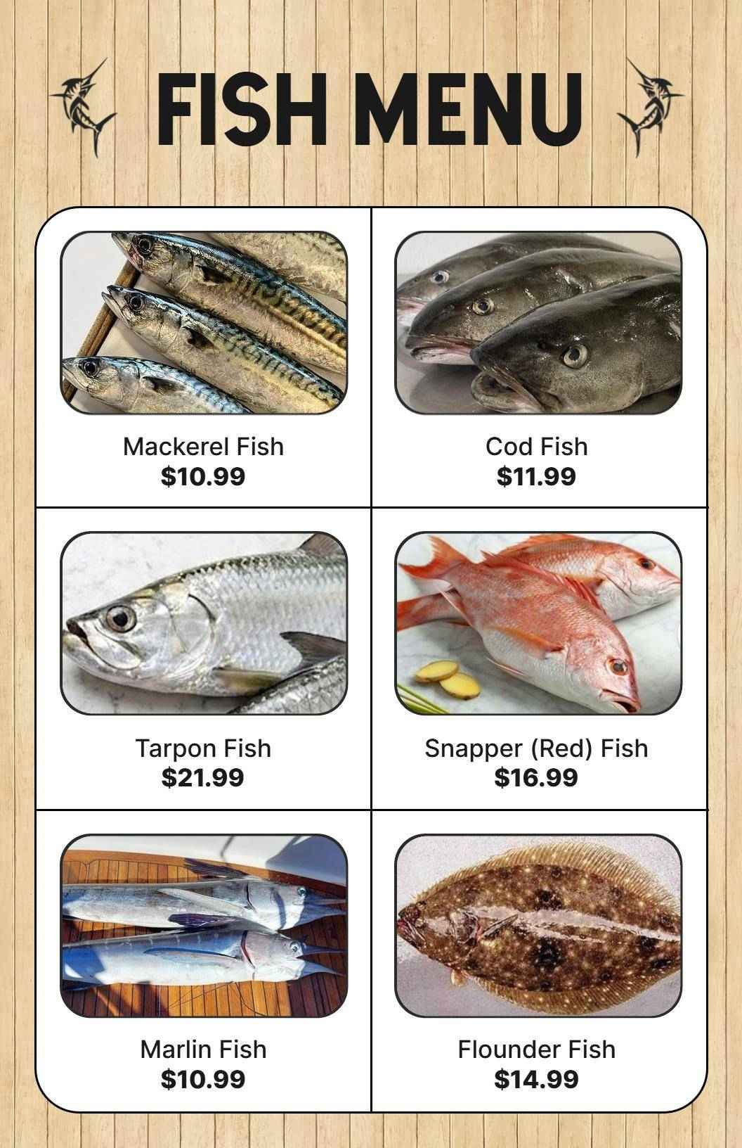 Fresh Catch of the Day Featuring Diverse Fish Selections Seafood Menu Template