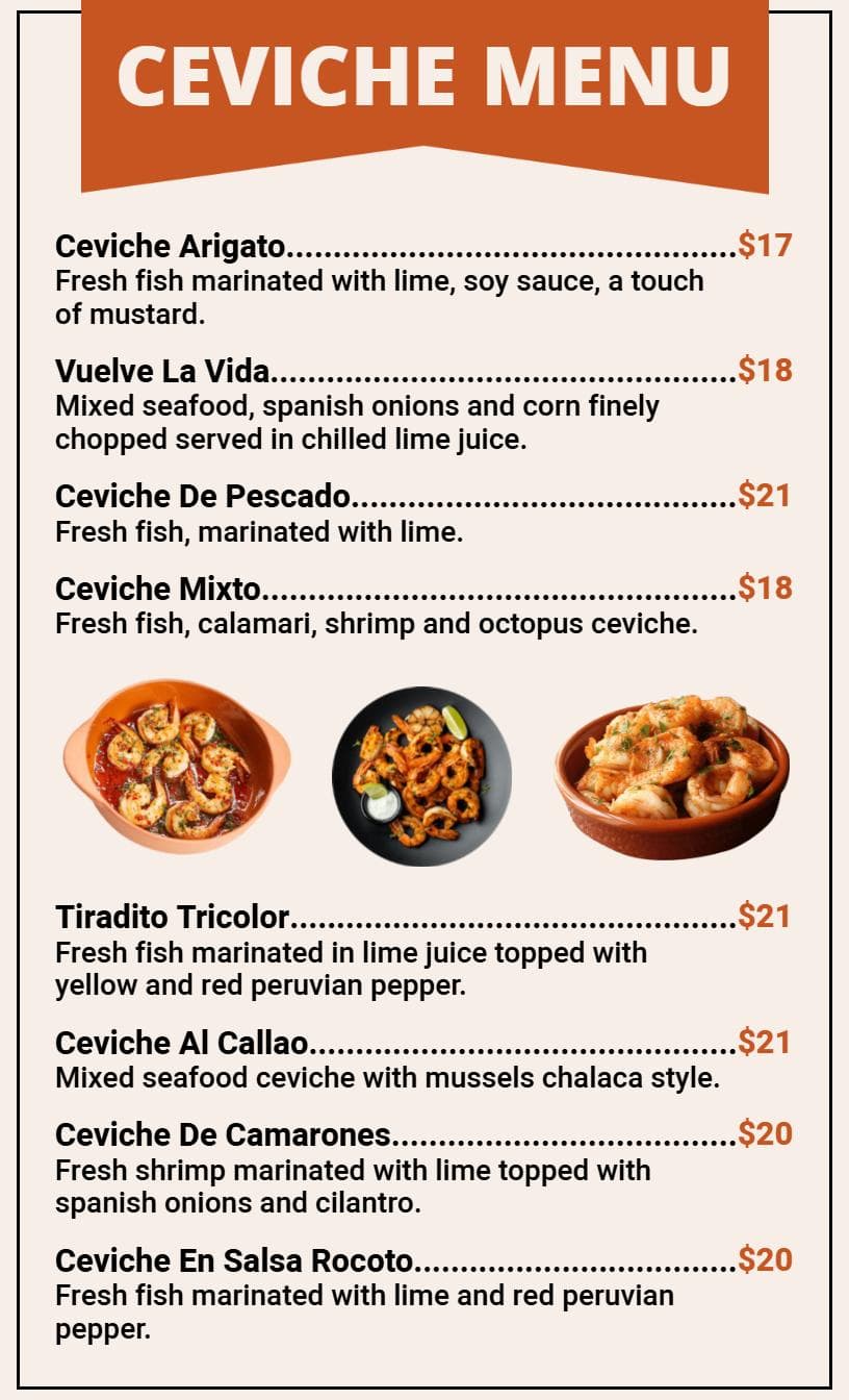 Fresh Ceviche Selections Featuring Diverse Seafood Delights Menu Template