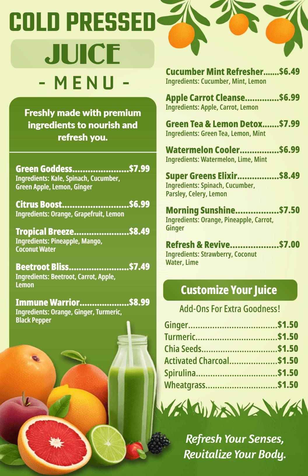 Fresh Cold Pressed Juice Blends with Natural Ingredients Juice Menu Template