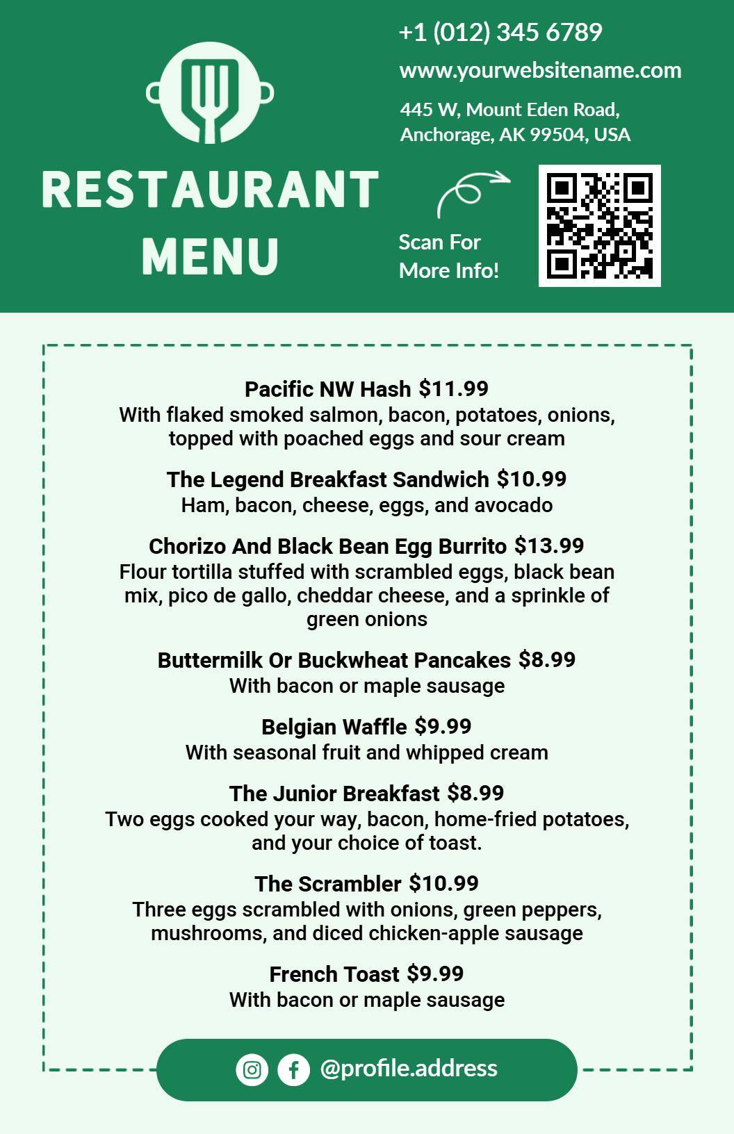 Fresh Green Aesthetic for Breakfast Specials Restaurant Menu Template