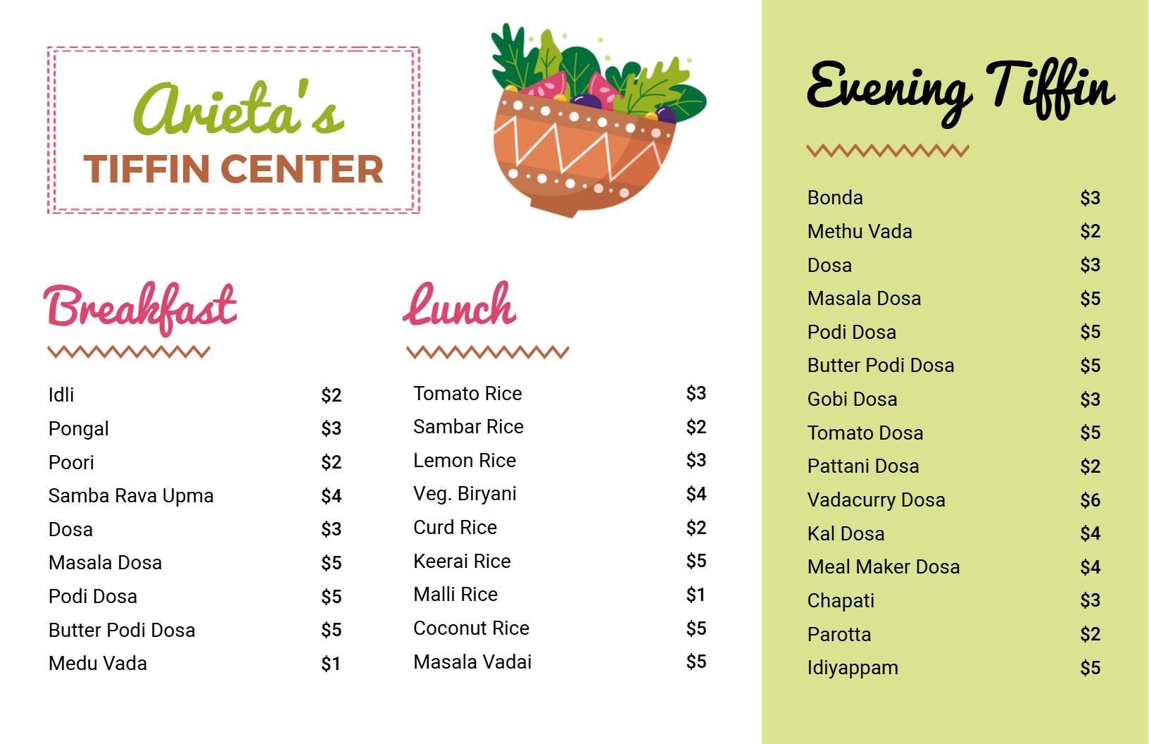 Fresh Green and Cream Evening Tiffin Specials Menu Template