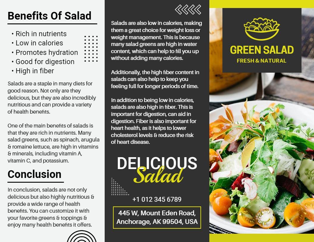 Fresh Green Salad Benefits and Nutrition Tri Fold Brochure Template