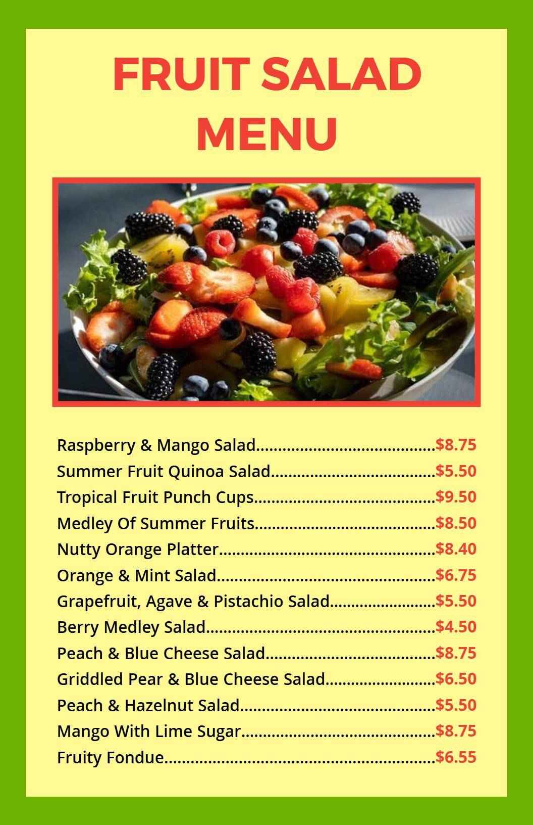 Fresh Green Theme Tropical Fruit Salad Menu Template