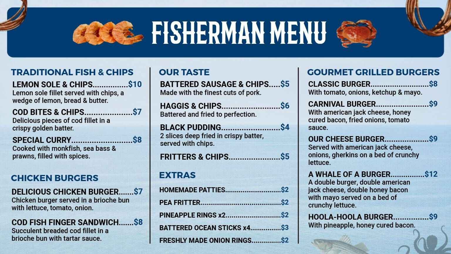 Fresh Grilled Fish and Chips with Savory Options Seafood Menu Template