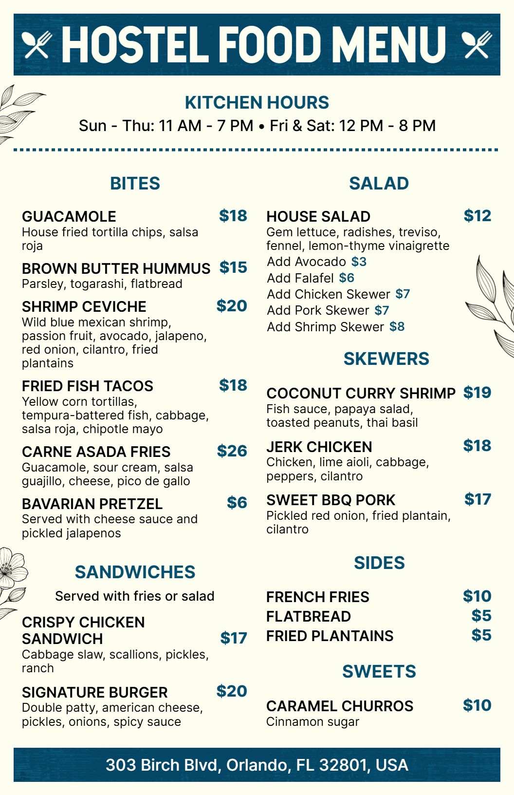 Fresh Guacamole and Savory Sandwich Selections Hostel Menu Template