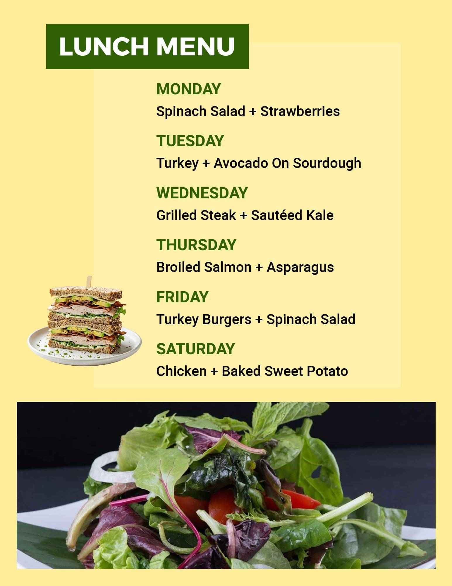 Fresh Healthy Lunch Selections Featuring Salads and Proteins Lunch Menu Template