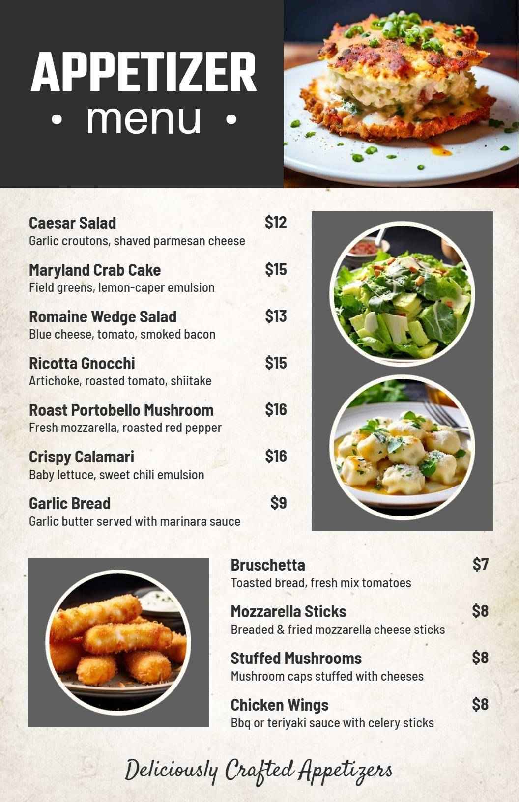 Fresh Maryland Crab Cakes and Savory Bites Appetizer Menu Template