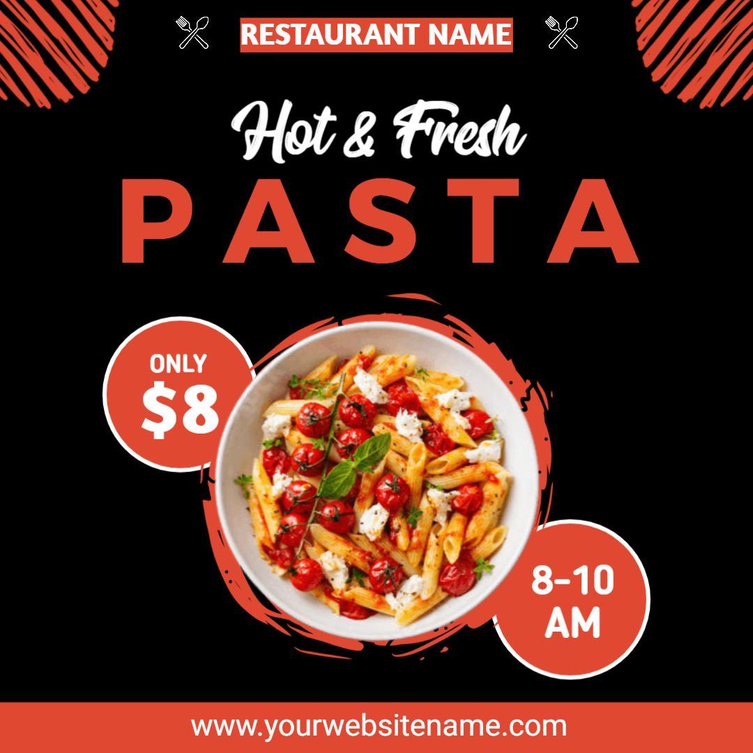 Fresh Pasta Dish Promotion with Time and Price Details Ad Template