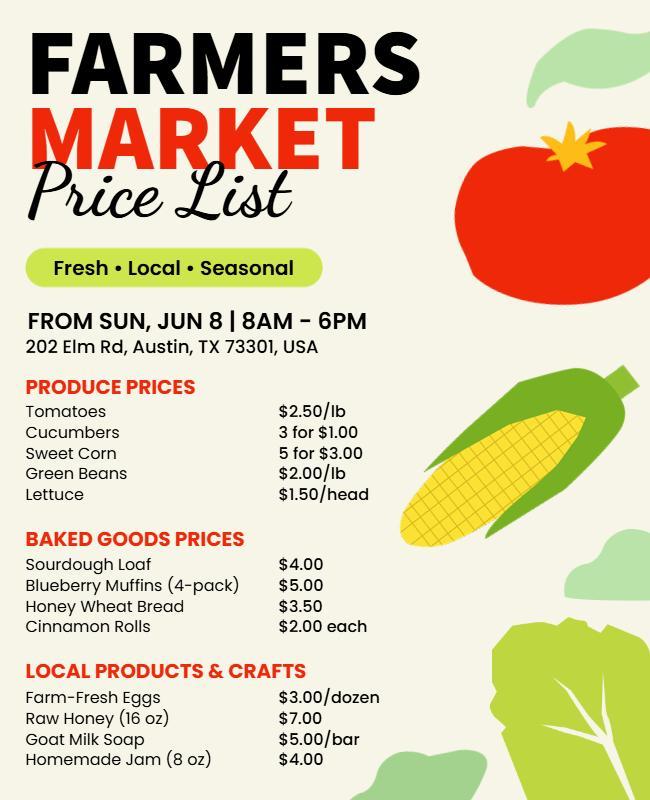 Fresh Produce Farmers Market Price List Flyer Template