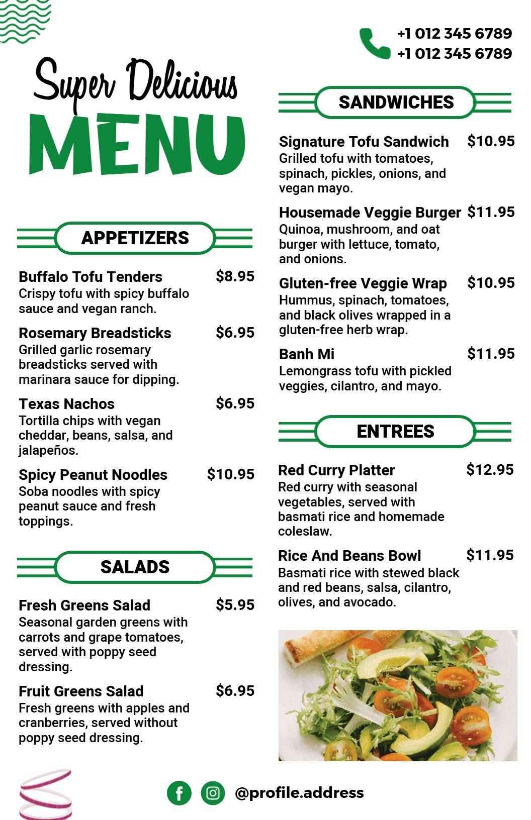 Fresh Salads and Delicious Vegan Sandwiches Restaurant Menu Template