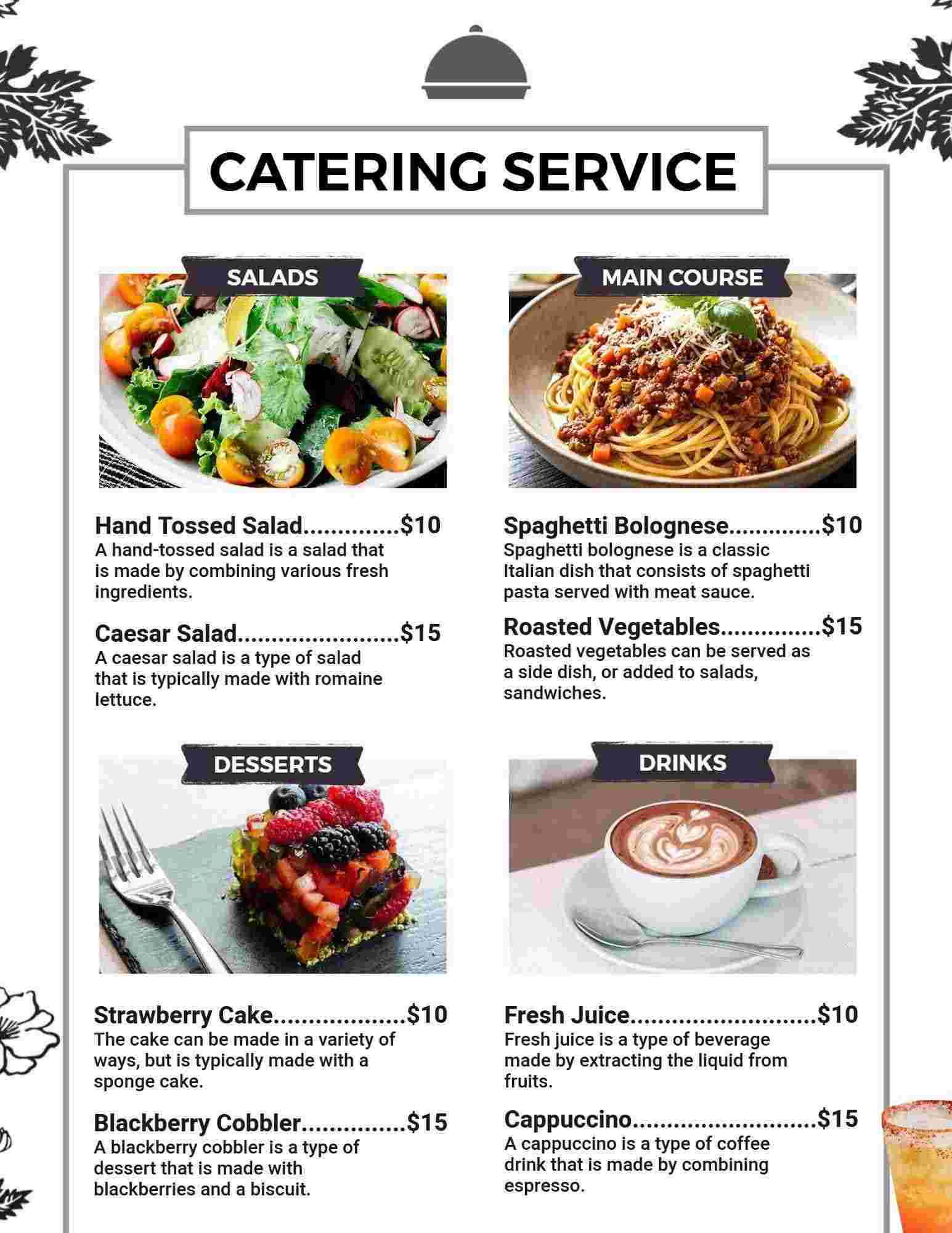 Fresh Salads, Hearty Main Courses, and Desserts Catering Menu Template