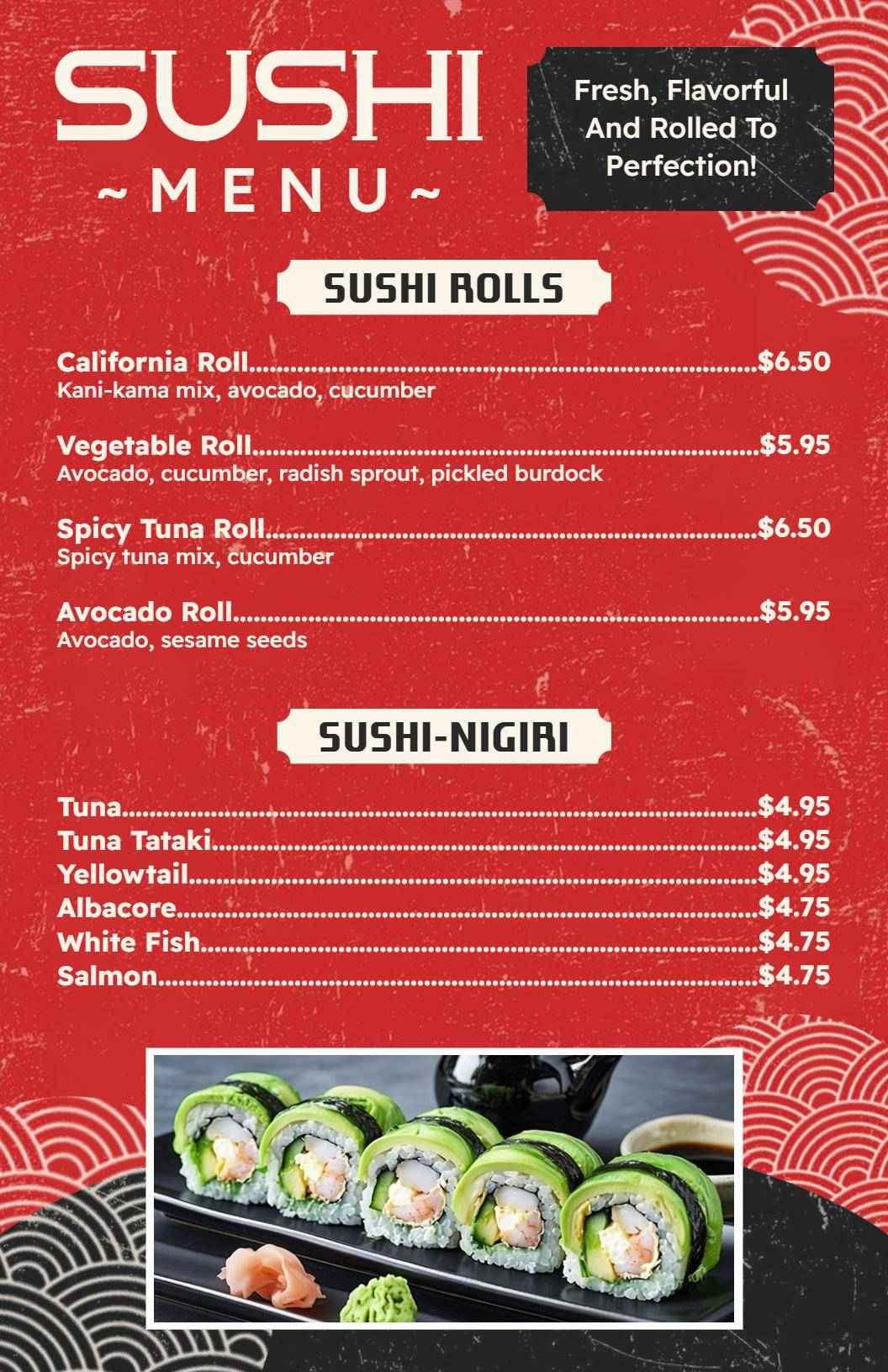 Fresh Sushi Rolls and Authentic Nigiri Selections Sushi Menu Template