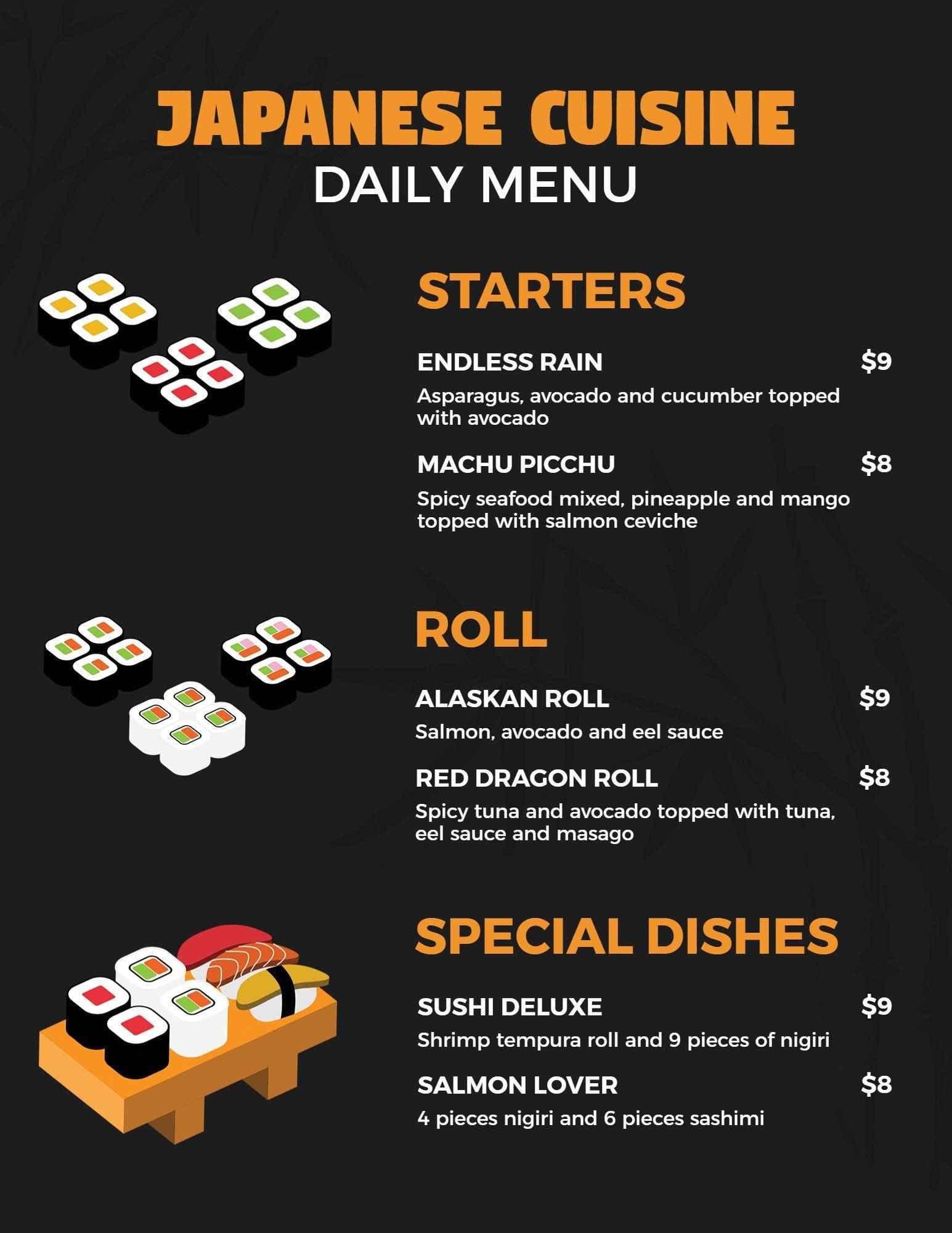 Fresh Sushi Rolls and Delicious Starters Japanese Cuisine Menu Template