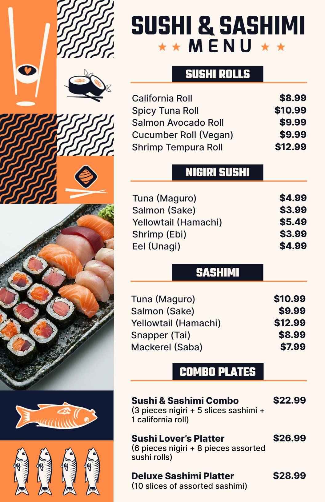 Fresh Sushi Rolls and Sashimi Delights for Every Taste Sushi Menu Template