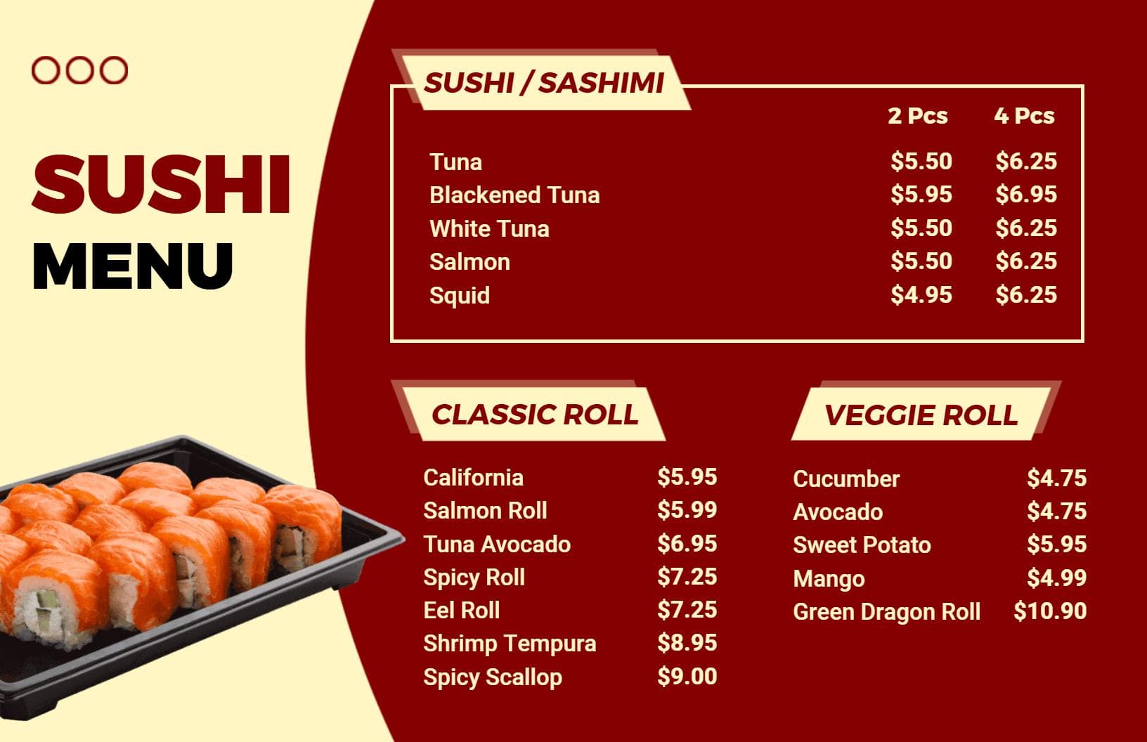 Fresh Tuna and Salmon Sushi Selections with Classic Rolls Menu Template
