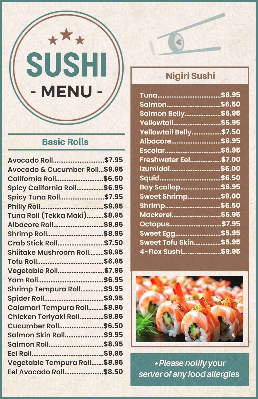Freshly Made Sushi Rolls and Classic Nigiri Options Sushi Menu Template
