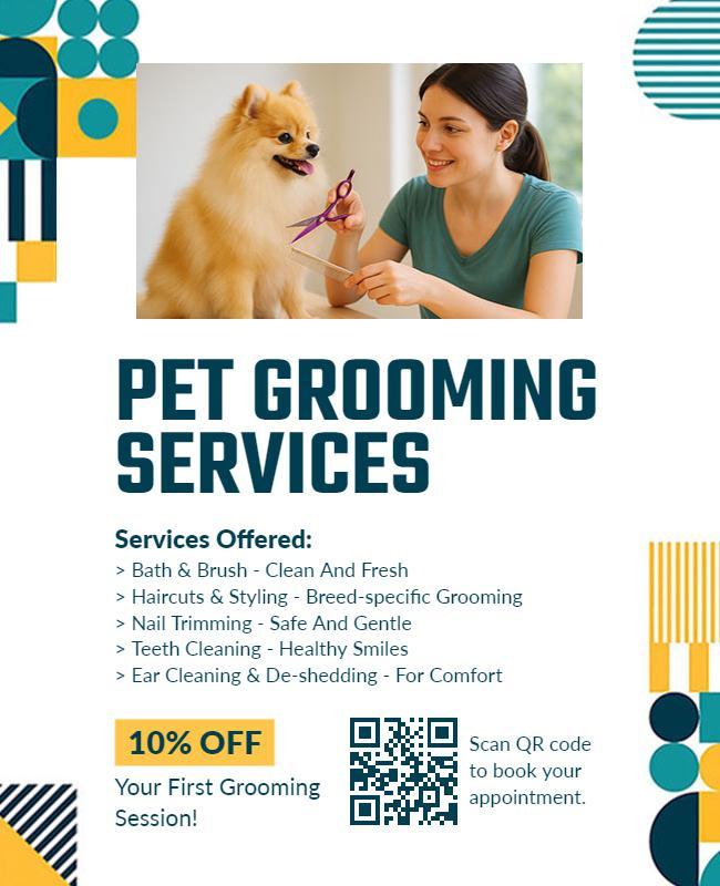 Friendly Blue and Yellow Pet Grooming Services Flyer Template