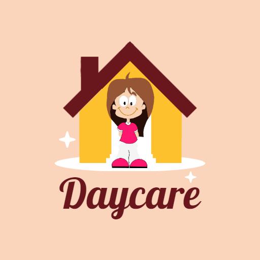 Friendly Cartoon Character Inside a Bright Yellow House Daycare Logo Template