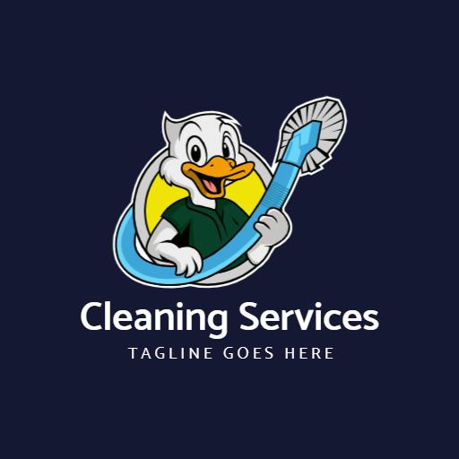 Friendly Cartoon Duck Cleaning Services with a Sponge Tool Logo Template