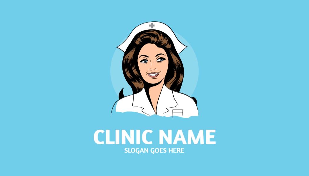 Friendly Nurse Illustration on Bright Blue Medical Clinic Business Card Template