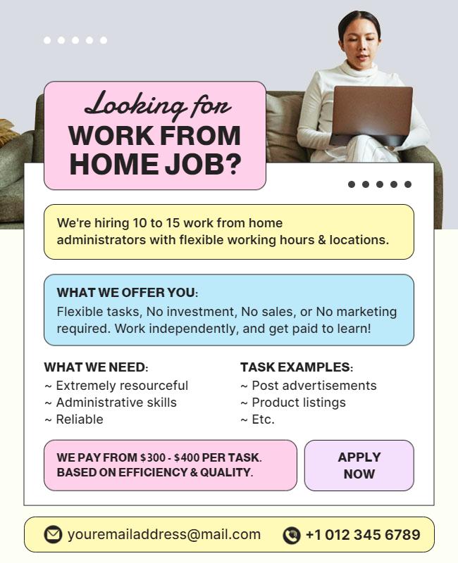 Friendly Pastel Work From Home Job Advertisement Poster Template