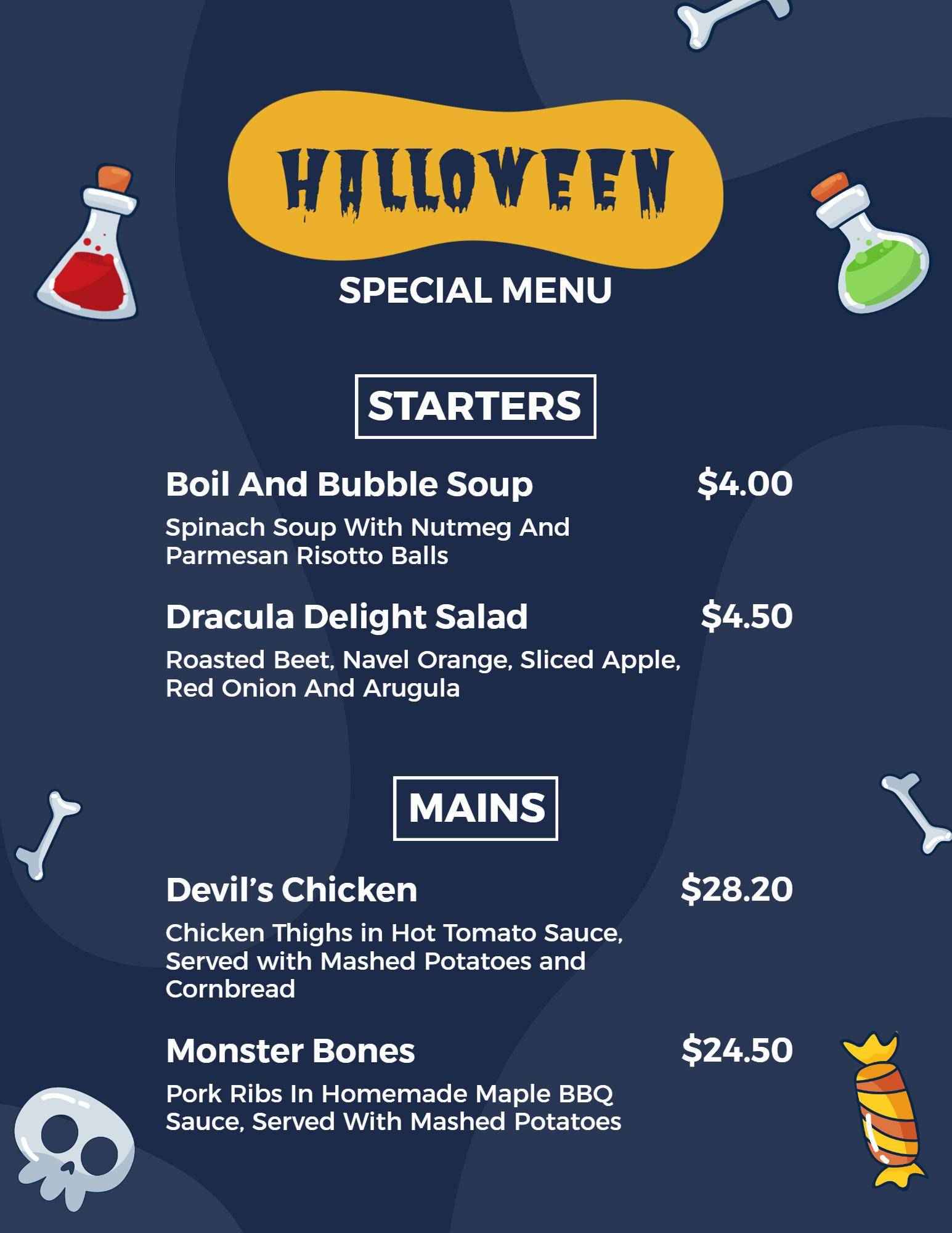 Frightful Appetizers and Haunting Main Dishes Halloween Menu Template