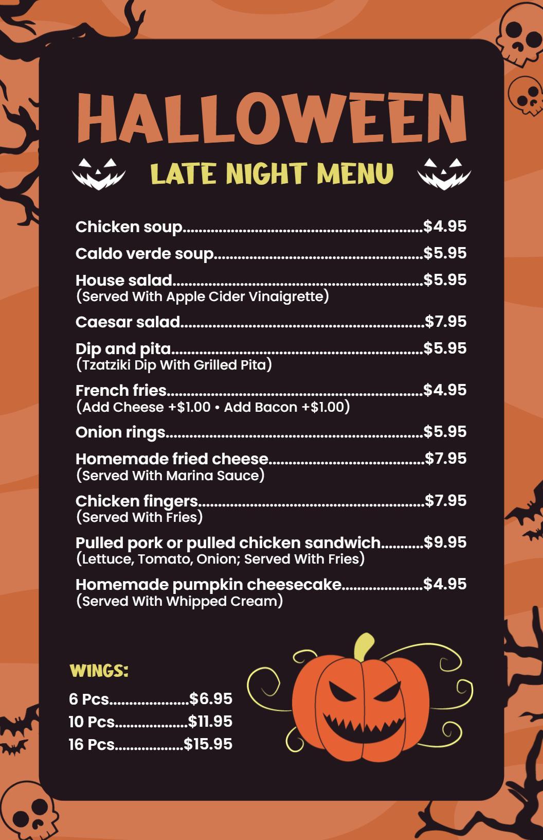 Frightful Late Night Snacks and Comfort Foods Halloween Menu Template