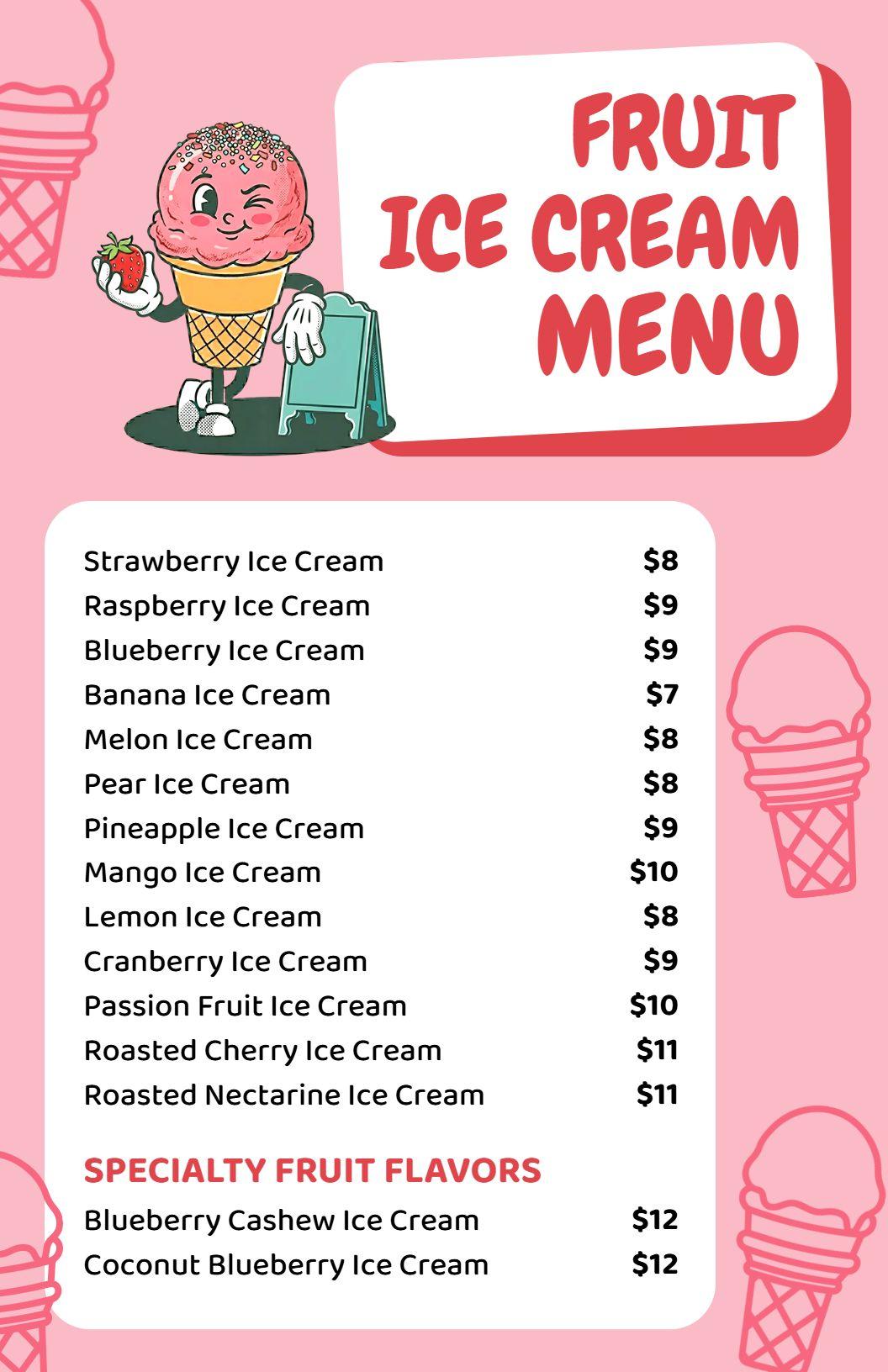Fruit-Flavored Selections Featuring Specialty Ice Cream Menu Template