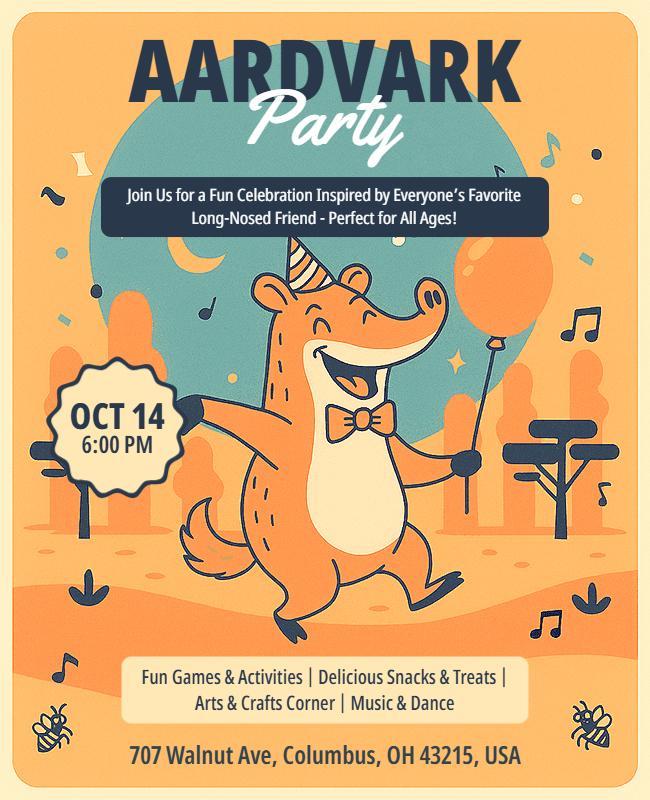 Fun Aardvark Party Celebration Flyer Template