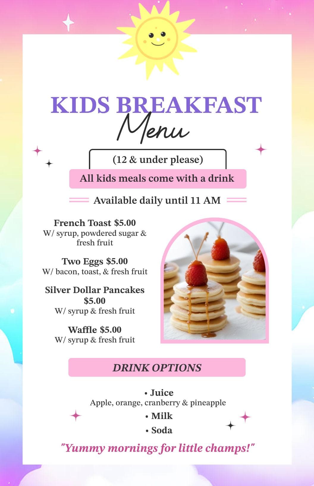 Fun and Delicious Breakfast Selections for Young Foodies Kids Menu Template