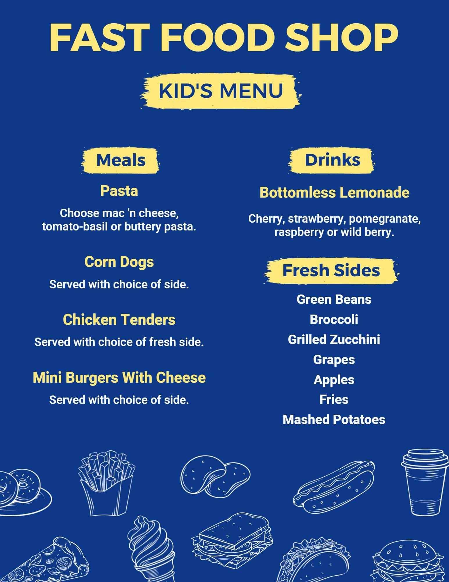 Fun and Delicious Kid-Friendly Meals with Tasty Sides Kids Menu Template